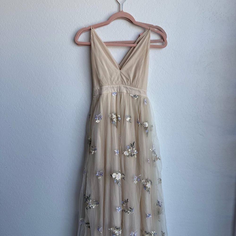 Lulu's Tan and Gold Embellished Tiered Maxi Dress